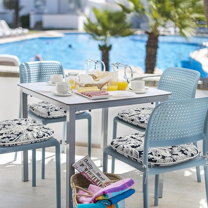 Indoor/Outdoor Chair Cushions 16x17 Inch, Patio Chair Cushions with Ties, All Weather Seat Cushions for Patio Furniture Home Garden Chair Use, Set of 4,Damask Lapis-VerdiqueGarden