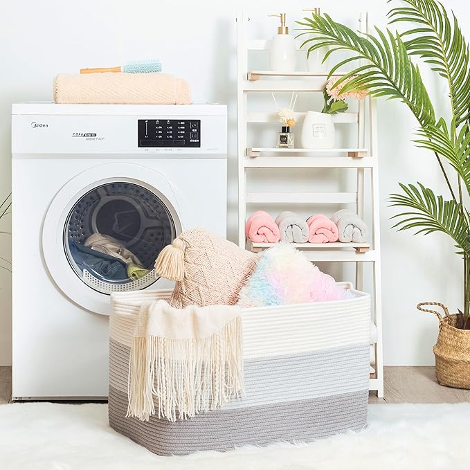 MINTWOOD Design 22in Extra Large Blanket Basket Holder Living Room, Rectangle Rope Woven Storage Basket with Handles for Laundry, Pool Towels, and Shoes, Dog Toy Organizer Bin Box, 3-Tone Light Gray-VerdiqueGarden