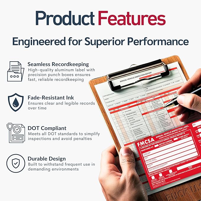 50 Pack Buck Aluminum Annual Vehicle Inspection Label with Punch Boxes, 2 Mil Red FMCSA Self Adhesive Sticker, DOT Compliant, Weatherproof, Tear Resistant, Easy to Write On, 6" x 3.5" - Made in USA-VerdiqueGarden