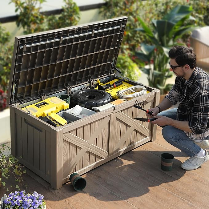 YITAHOME 120 Gallon Large Deck Box, Upgraded Resin Outdoor Storage Boxes w/Flexible Divider, Waterproof Cushion Storage Bench for Patio Furniture, Pool Supplies, Garden Tools - Lockable, Taupe-VerdiqueGarden