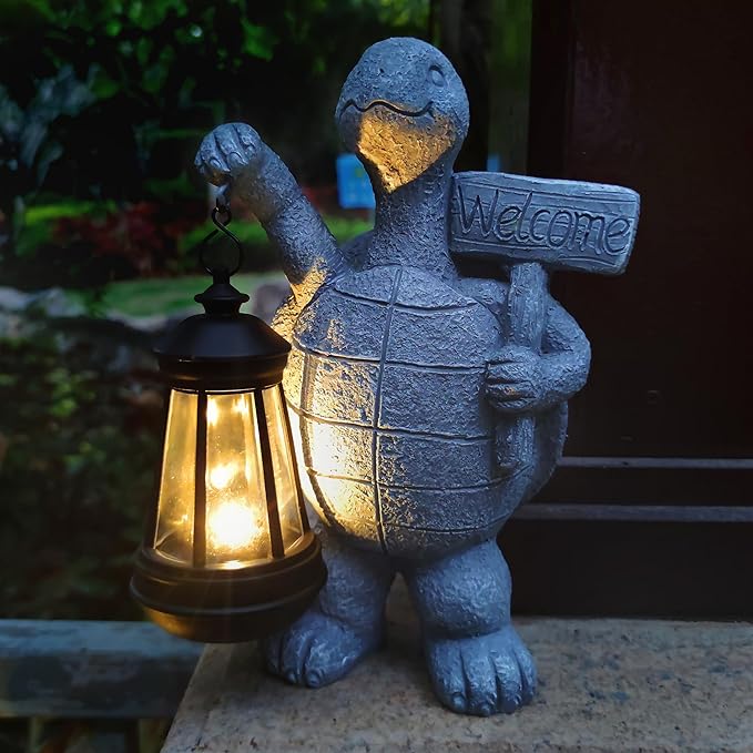 Solar Turtle Garden Outdoor Statues,Resin Turtles Figurine Decorations with Solar Lights Lantern, Outdoor Turtle Art Decor for Lawn,Yard, Unique Housewarming Gift for Garden Home-VerdiqueGarden