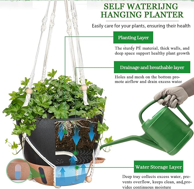 10 Inch Hanging Planters for Indoor Plants, 2 Pack Self Watering Hanging Baskets Flower Pots with Drainage Hole, Visual Reservoir & 2 Kinds of Plant Hanger for Outdoor Garden Home Decor-VerdiqueGarden