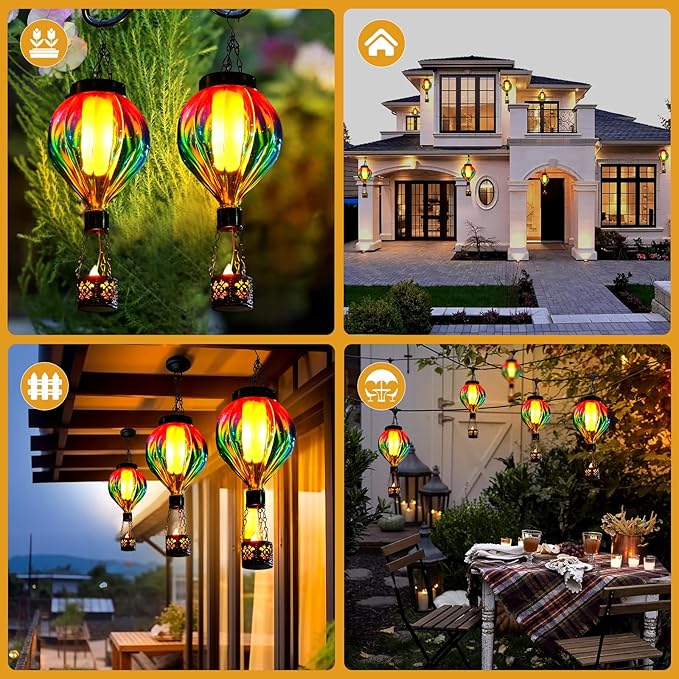 Hot Air Balloon Solar Lantern Outdoor Waterproof with Flickering Flame Gifts for Women Grandma Mom Glas Hanging Solar Lights Decorative for Outside Wall Front Porch Yard Garden Fence-VerdiqueGarden