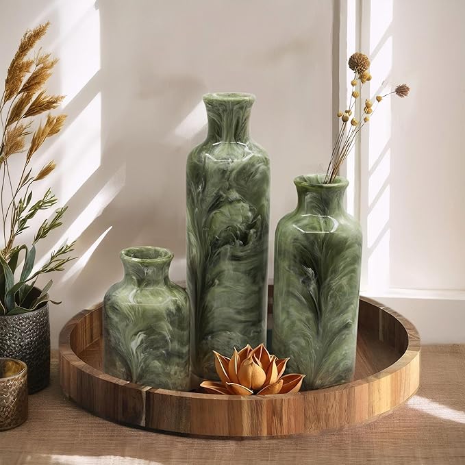 Resin 3 Piece Vase Set, Farmhouse Decor, Home Decorative Vase, Vases for Your Kitchen, Bedroom, Office, Living Room, Bathroom, & Shelf Centerpiece Table Decorations, Green-VerdiqueGarden