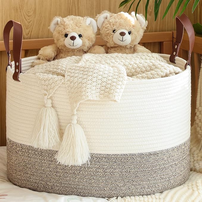 KAKAMAY Large Blanket Basket (20"x13"),Woven Baskets for storage Baby Laundry Hamper,Cotton Rope Blanket Basket for Living Room, Laundry, Nursery, Pillows, Baby Toy chest (White/Beige)-VerdiqueGarden