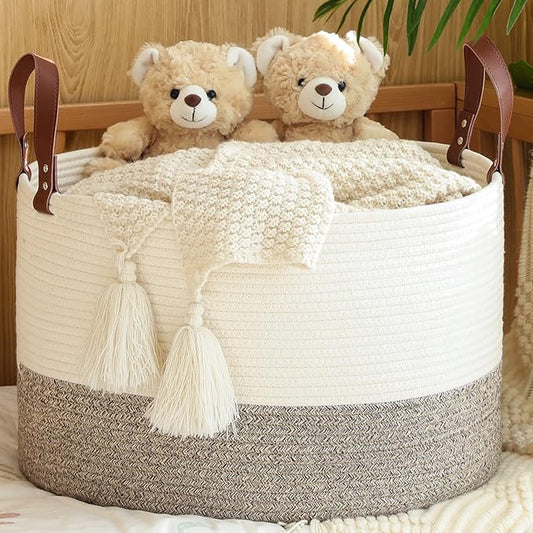 KAKAMAY Large Blanket Basket (20"x13"),Woven Baskets for storage Baby Laundry Hamper,Cotton Rope Blanket Basket for Living Room, Laundry, Nursery, Pillows, Baby Toy chest (White/Beige)-VerdiqueGarden
