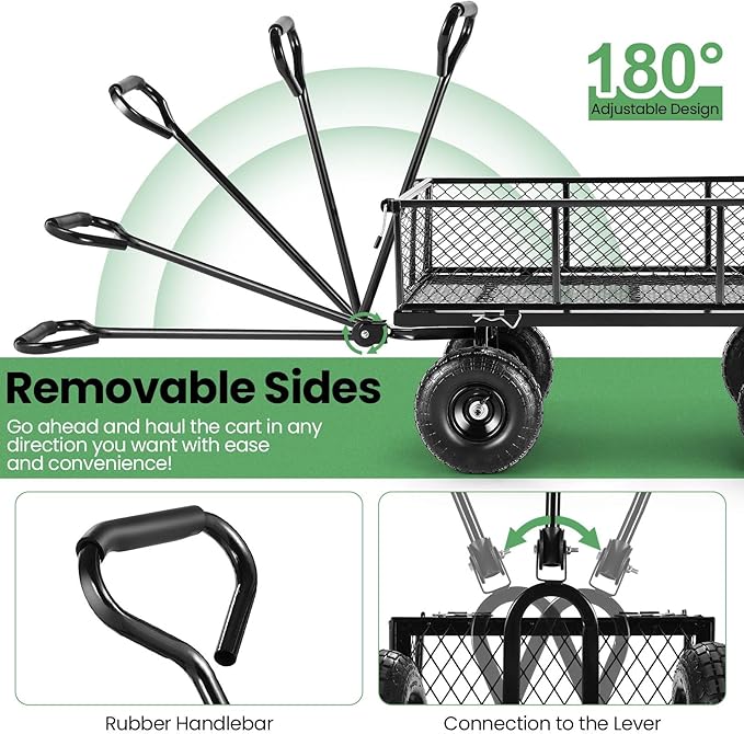 Homdox MAX 880LB Garden Cart, Heavy Duty Garden Wagon, Mesh Foldable Garden Cart, Pullable Gardens Wagon with 180° Rotating Handle, Collapsible Garden Carts for Yard Beach Farm, Black with Bag-VerdiqueGarden