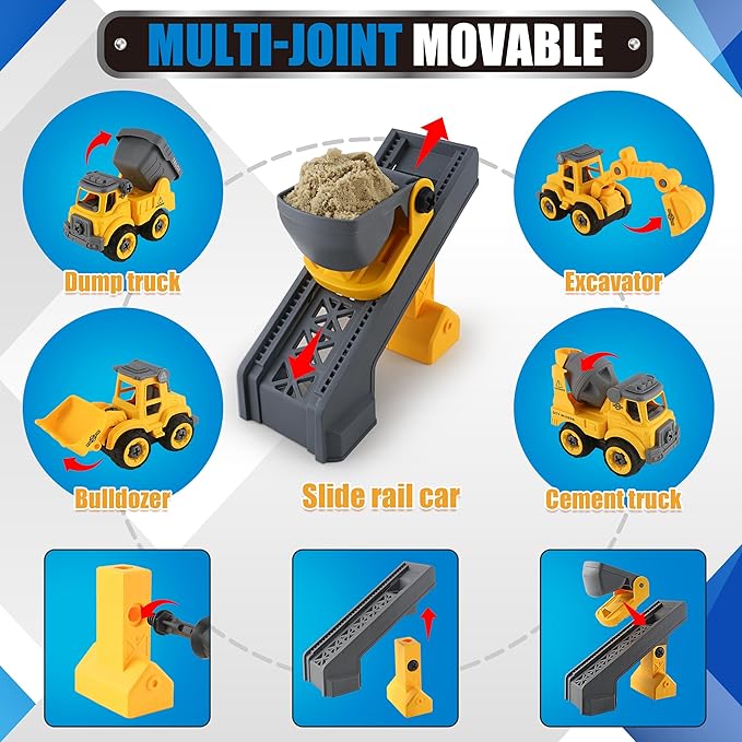 Construction Sandbox with Lid - 4 Vehicles with 1 Conveyor, 8 Castle Molds, 6 Figures & 3lbs Moldable Sand - Preschool Sensory Bin for Fine Motor Skills, Ages 3-6-VerdiqueGarden