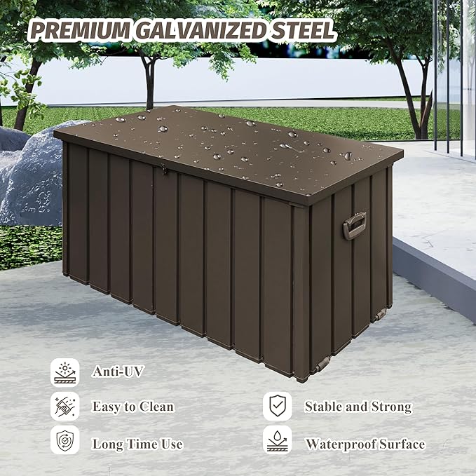 Domi Deck Box 190 Gallon, Waterproof Lockable Steel Outdoor Storage Container for Outside Cushions, Garden Tools and Pools Equipment, Brown-VerdiqueGarden