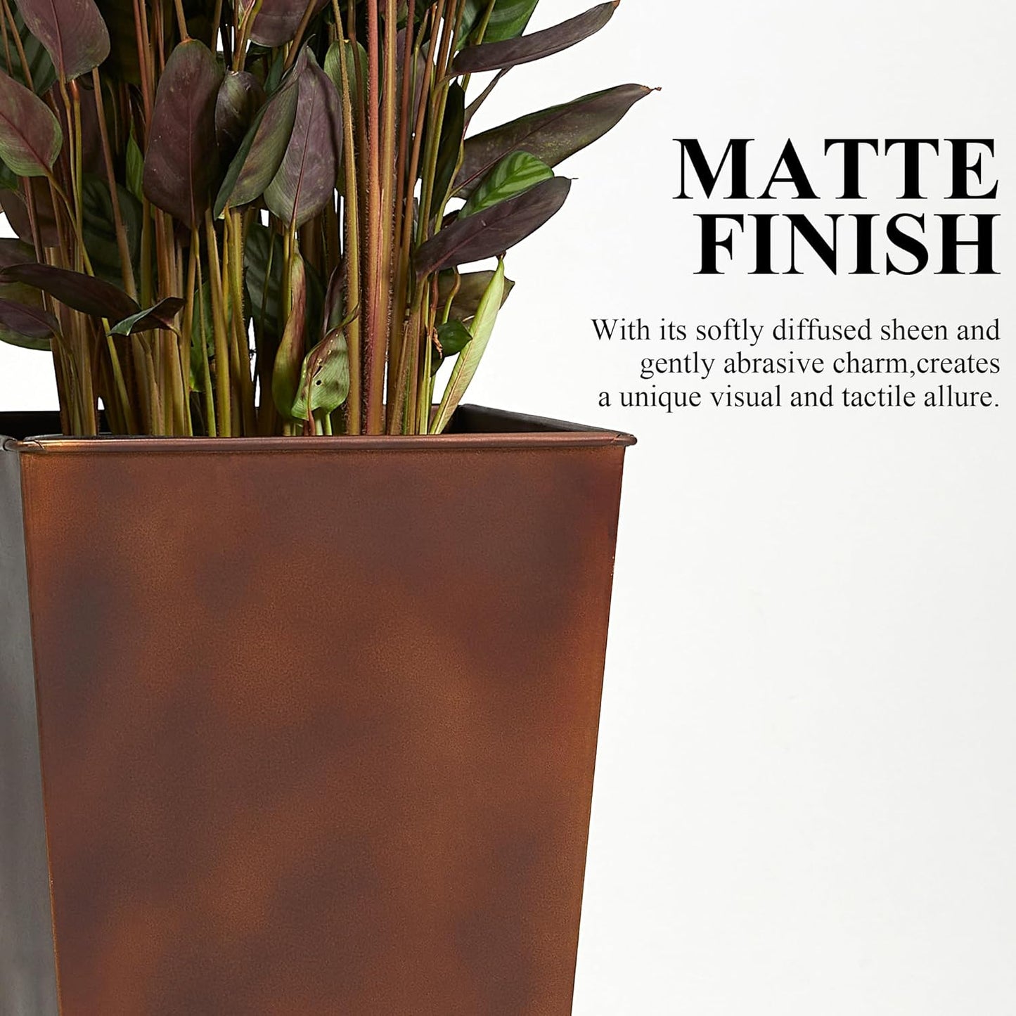 Worth Garden 12" Dia x 28" H Large Metal Planter Set of 2, Matte Bronze Retro Finish Tall Square Tapered Steel Plant Pots, Decor Flower Pots Indoor & Outdoor, Drainage Hole & Dual-Purpose Plant Saucer-VerdiqueGarden