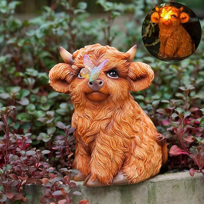 Highland Cow Solar Powered Outdoor Garden Statue, Resin Highland Cow Statue with Solar Light Lantern, Decorative Lawn, Yard Outdoor Highland Cow Decor. Unique home decorations, gifts for women-VerdiqueGarden
