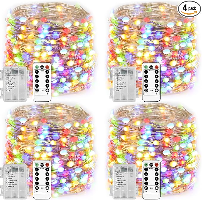 Homemory 4 Pack 20 Ft 60 LED Multicolor Fairy Lights Battery Operated Christmas Lights with Remote, Waterproof 8 Modes Firefly Twinkle String Lights for Party Bedroom Wedding Decorations-VerdiqueGarden