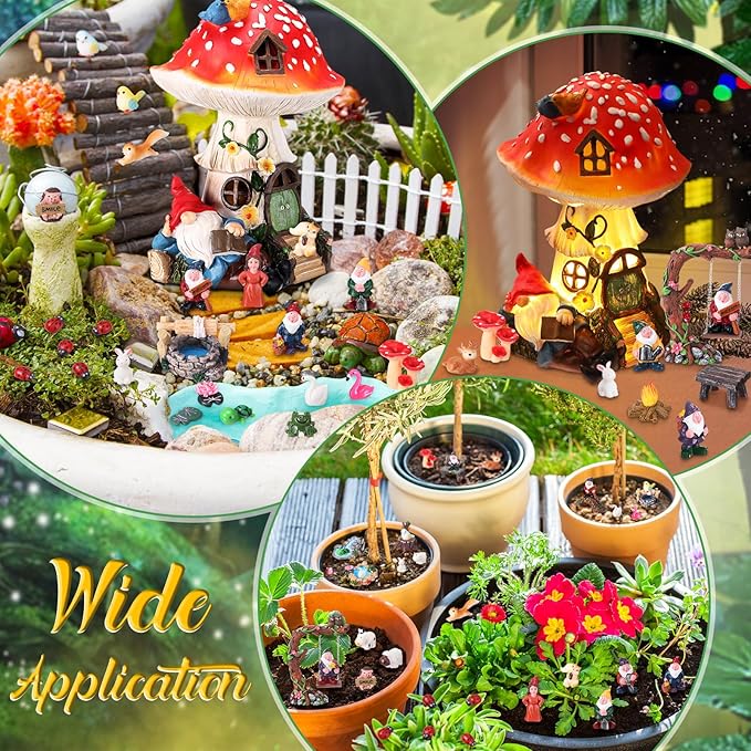 HyDren 100 Sets Garden Gnome Statue Set Mushroom House Solar Light Gnome Miniatures Figures Decor Fairy Resin Statues Garden Accessories for Yard Patio Lawn Outdoor Micro Landscape Ornaments-VerdiqueGarden