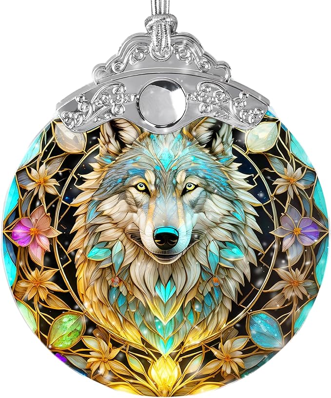 Stained Glass Suncatcher Hanging Ornament, Wolf Decor for Home, Christmas Ornament-VerdiqueGarden
