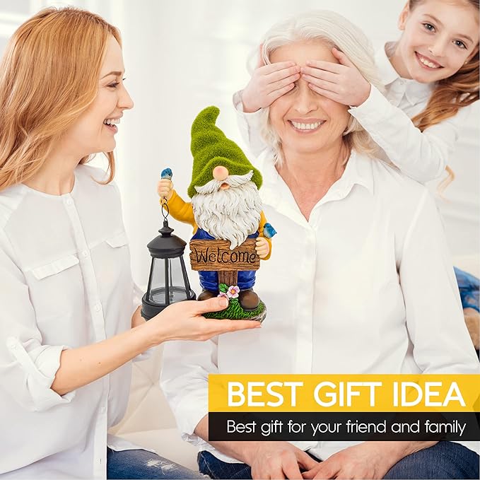 Garden Gnomes Outdoor - Flocked Gnome Statue Holding Lantern with Solar LED Lights | Gnomes Garden Decorations for Patio, Yard, Lawn Ornaments - Gnome Gifts-VerdiqueGarden