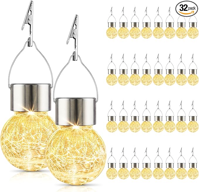 Solar Lights Outdoor Decorative 32 Pack, Hanging Solar Garden Lights Waterproof, Solar Powered Globe Lantern Cracked Glass Ball Lights for Yard Patio Fence Tree Umbrella Holiday Decoration, Warm White-VerdiqueGarden