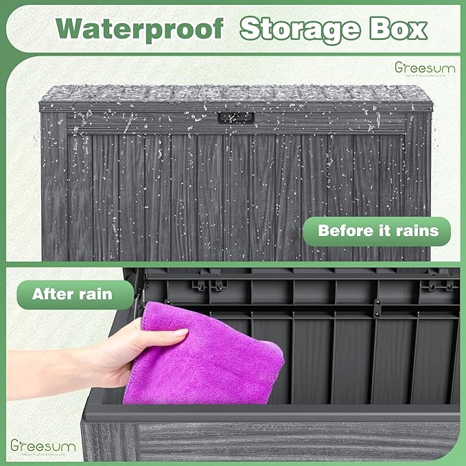 Greesum 120 Gallon Outdoor Storage Box with Lock - Large Resin Deck Box, Reinforced Lid for Garden, Patio, Lawn, Gray-VerdiqueGarden