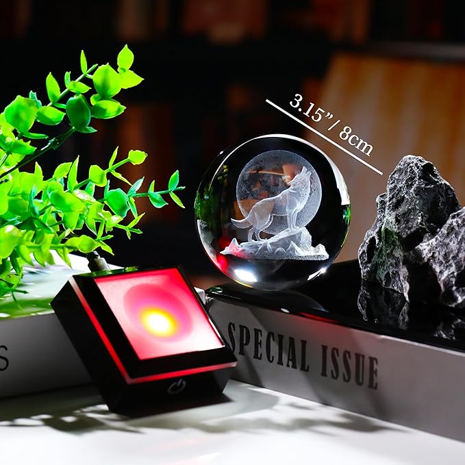 Qianwei Wolf Gifts: 3D Crystal Ball - 3.14'' Laser Decor Glass Animals Figurines Statue & Night Light-VerdiqueGarden