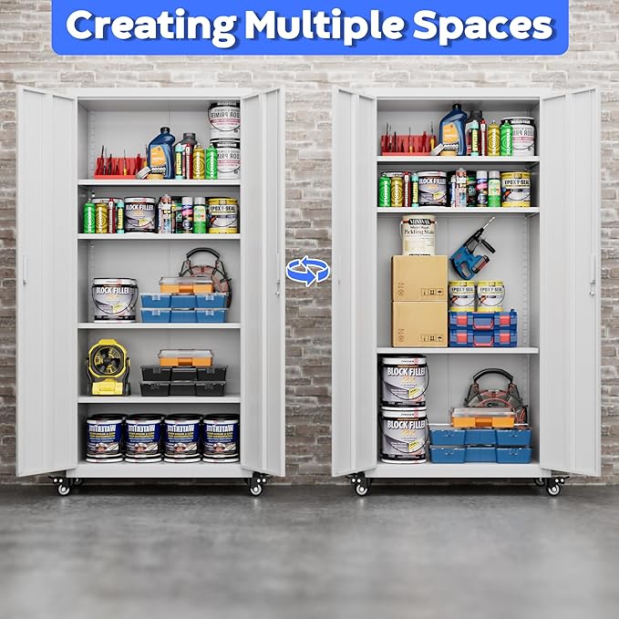 73" H Metal Garage Storage Cabinet with Wheels,Rolling Tool Storage Cabinet with 2 Doors and 4 Adjustable Shelves for Garage,Home,Office,Warehouse,Workshop, Required-Assembly,White-VerdiqueGarden