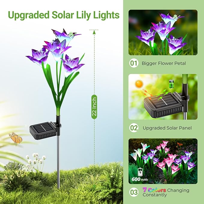 WdtPro Solar Outdoor Lights Garden Decorative 10 Pack, Waterproof Solar Garden Lights with 40 Lily Flowers, Multi-Color Changing Outdoor Solar Lights for Yard Outside Garden Decorations-VerdiqueGarden