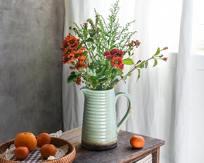 Quoowiit Ceramic Rustic Vase with Handle, Green Distressed Decorative Farmhouse Pitcher Vase for Home Decor Living Room Bedroom Kitchen Office Shelf Decor Centerpiece Table Decoration-VerdiqueGarden