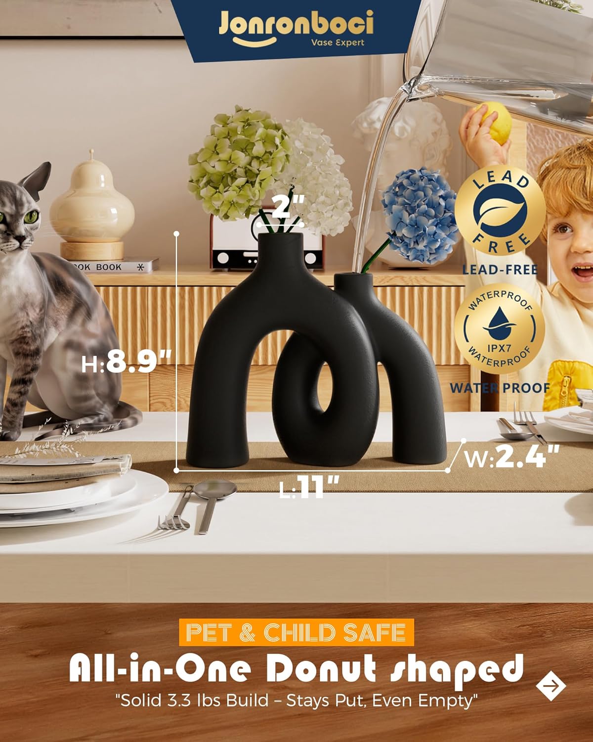 Matte Black Vase Set - Hug Hollow Donut Aesthetic Ceramic Vases Home Decor, Modern Nordic Minimalist Decorative Vase for Table Centerpiece Bookshelf Office Entryway Console Fireplace (Black)-VerdiqueGarden