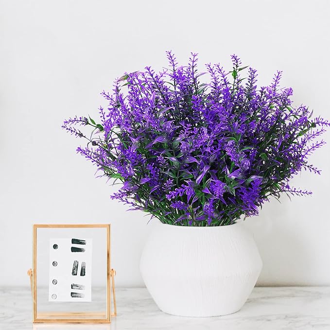 8 Pack Artificial Plants Flowers Grass Shrubs Lavender No Fade Faux Plastic Flowers Outdoor for Farmhouse Garden Porch Patio Indoor Wedding Decoration Greenery Fake Plants uv Resistant-VerdiqueGarden