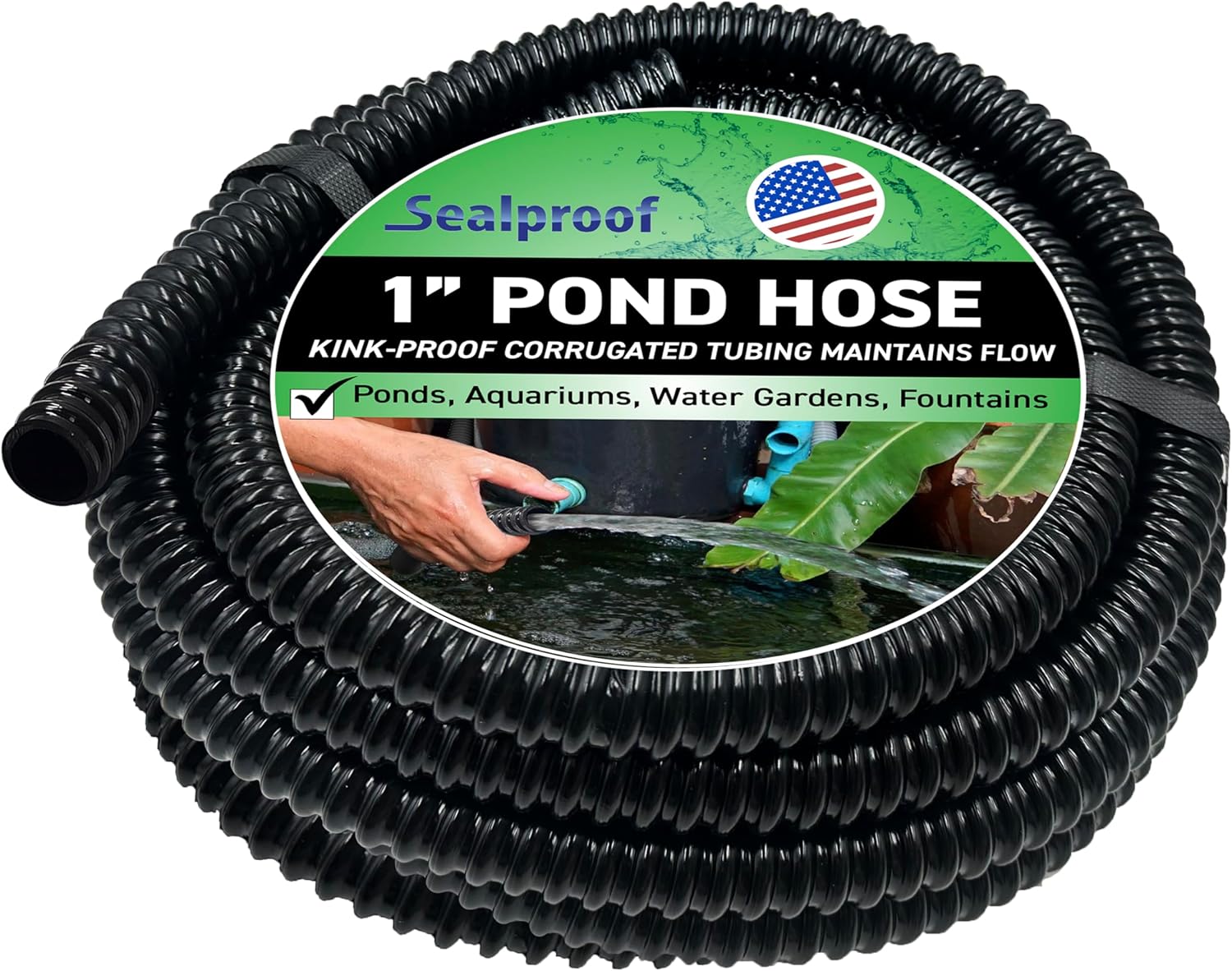 Sealproof 1" Dia. Corrugated Pond Tubing 1-Inch ID, 20 FT Length, Black PVC Kinkproof Strong Flex Tubing Made in USA-VerdiqueGarden