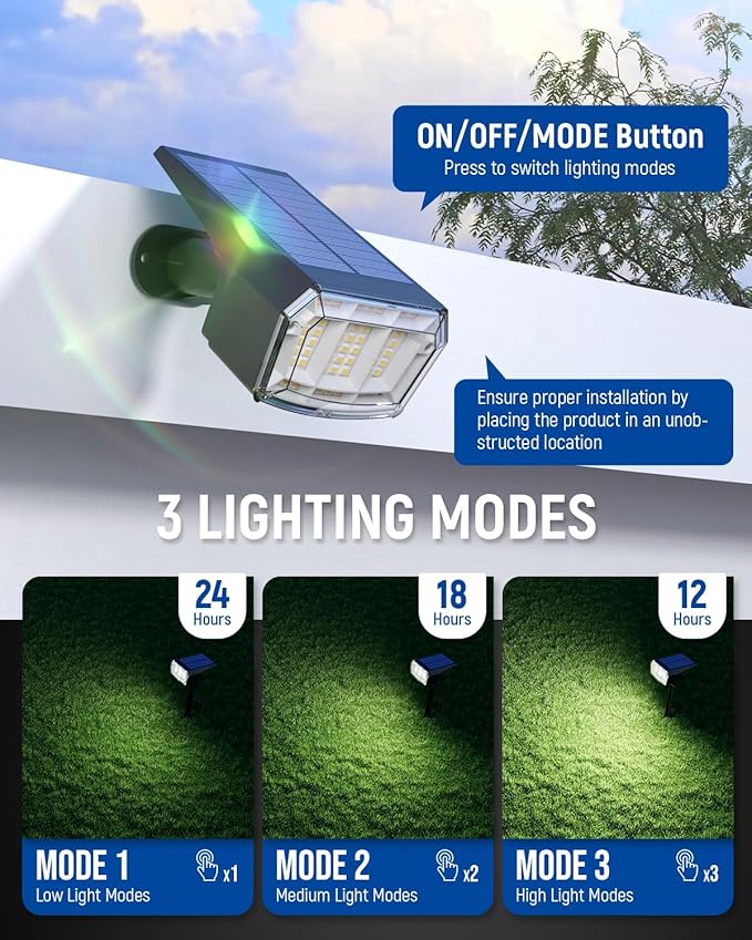 Solar Spot Lights Outdoor 63 LED 3 Lighting,Waterproof IP65 Modes Spotlights for Outside House Yard Garden Landscape Lights 1 Pack (Natural Lihgt)-VerdiqueGarden
