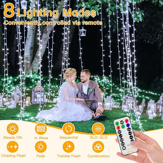 Ollny Christmas Lights Outdoor 400LED 131FT, Cool White Fairy Lights with Remote 3 Timer, Plug in 8 Modes String Lights for Bedroom Indoor Outside House Party Xmas Decorations-VerdiqueGarden