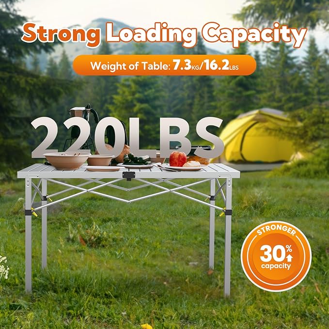 Large 46.4" Camping Table for 2-6 People - 220lbs Capacity Heavy Duty Foldable Outdoor Table with Aluminum Roll-Up Top & Carry Bag, Portable Picnic Desk for BBQ, Tailgating, Backyard (Silver)-VerdiqueGarden