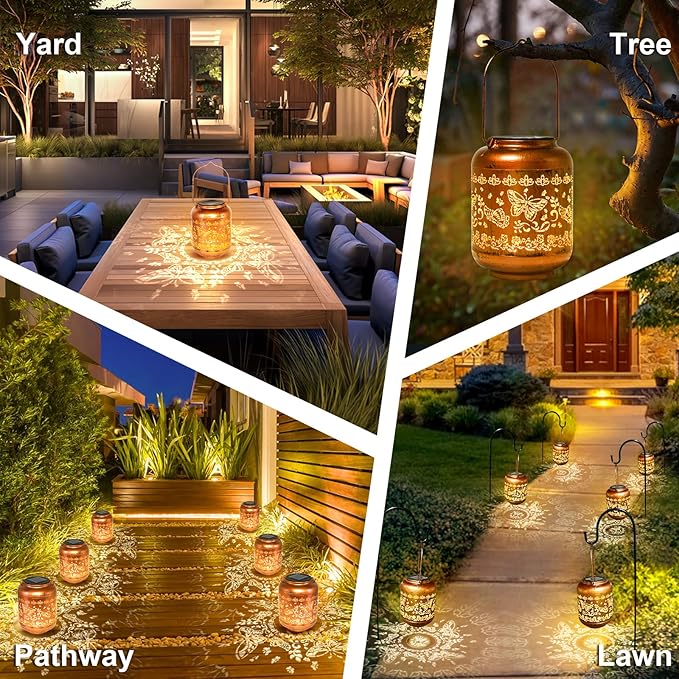 2Pack Butterfly Solar Lanterns Outdoor Hanging Waterproof Lanterns for Garden Decor Christmas Gifts for Women Mom Grandma Metal Solar Lights Decoration Outside for Yard, Patio,Pathway Landscape-VerdiqueGarden