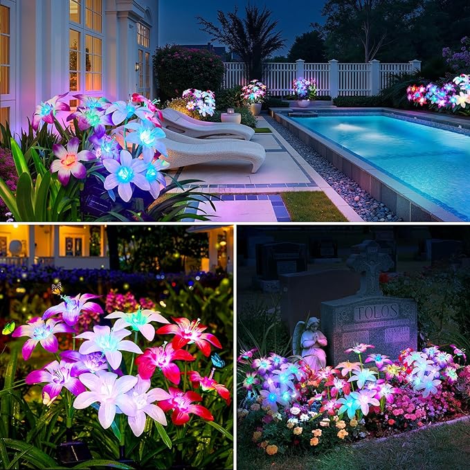 Solar Garden Lights Outdoor, 4 Pack Blooming Lily Solar Flowers Outdoor Waterproof, 7 Color Changing Bigger Flower Lights for Yard Patio Decor, Gift for Mom-VerdiqueGarden