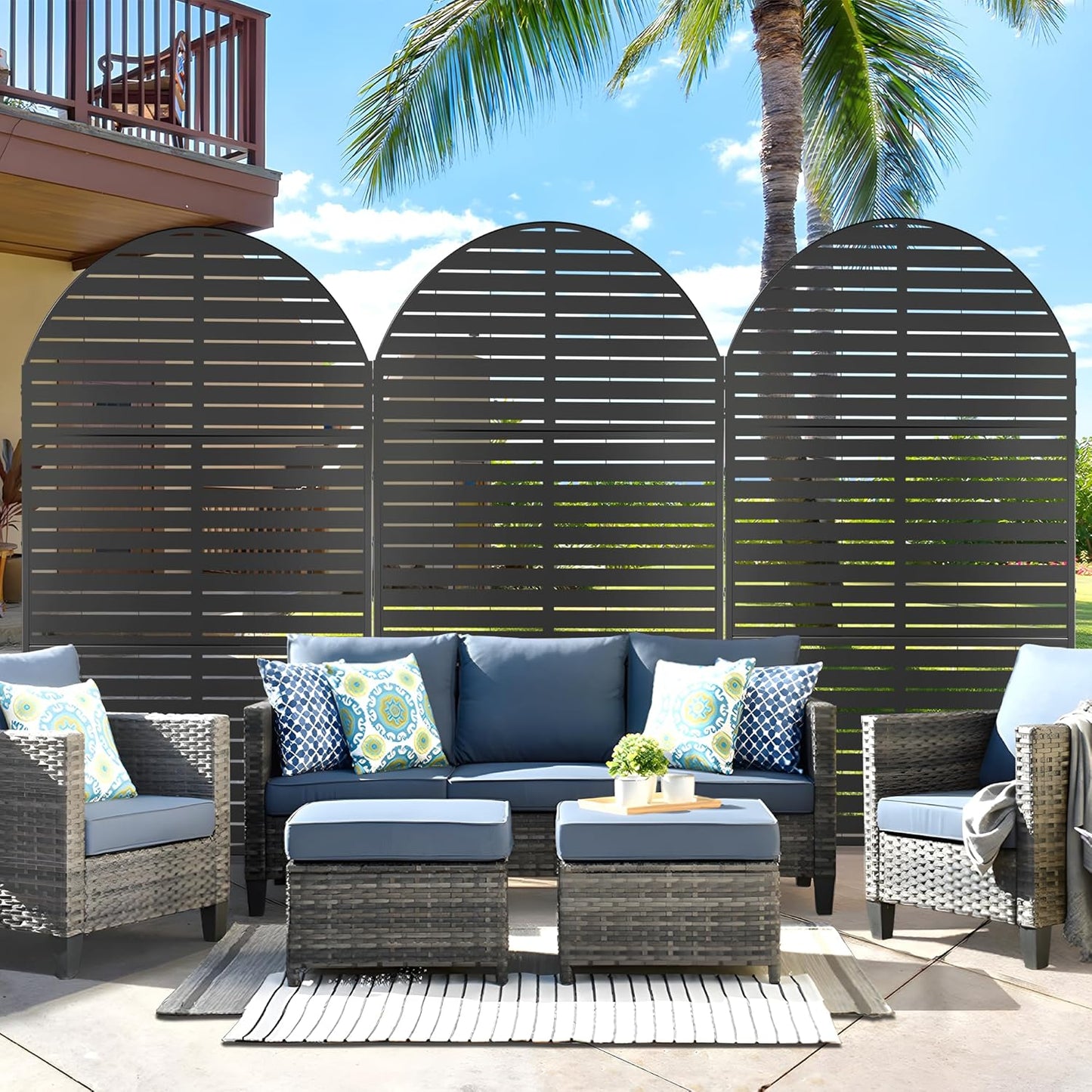 Metal Privacy Screen Outdoor 72" H×47" W,Freestanding Decorative Privacy Screen for Balcony Yard&Garden, Arched Privacy Fence-Black&Louvered-VerdiqueGarden