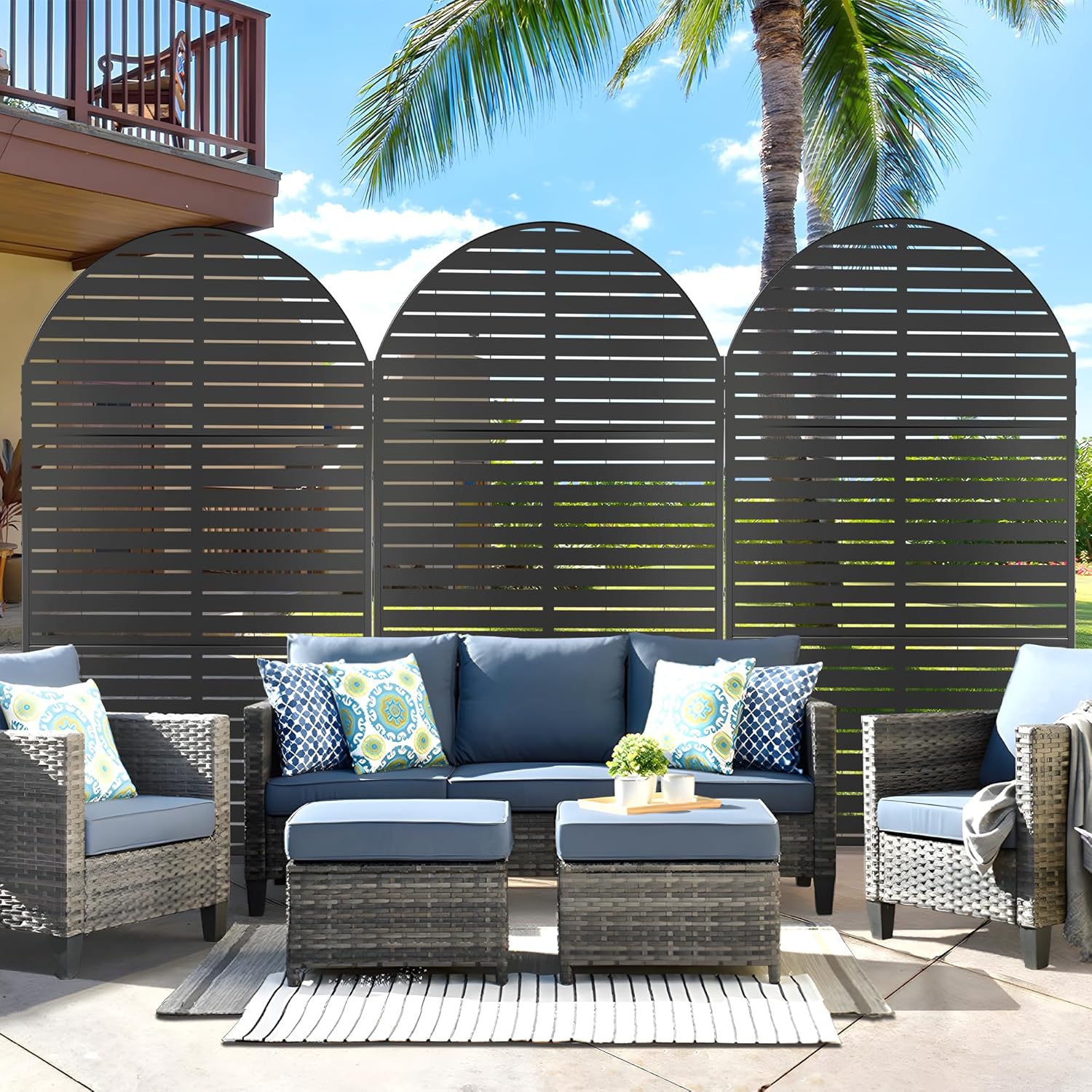 Metal Privacy Screen Outdoor 72" H×47" W,Freestanding Decorative Privacy Screen for Balcony Yard&Garden, Arched Privacy Fence-Black&Louvered-VerdiqueGarden