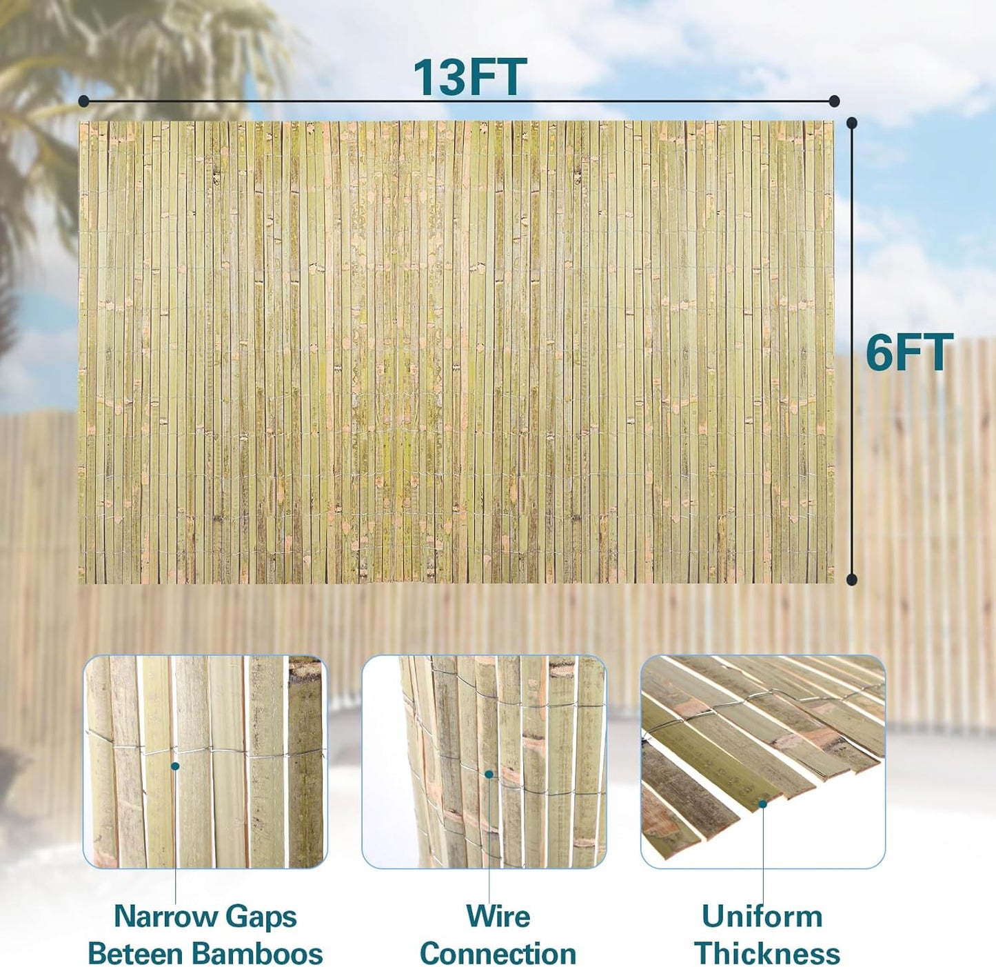 Bamboo Slat Fence 6ft x 13ft, Natural Split Bamboo Fencing, Privacy Screen 6 Feet High Outdoor, Privacy Fence for Garden, Divider, Balcony, Pool-VerdiqueGarden