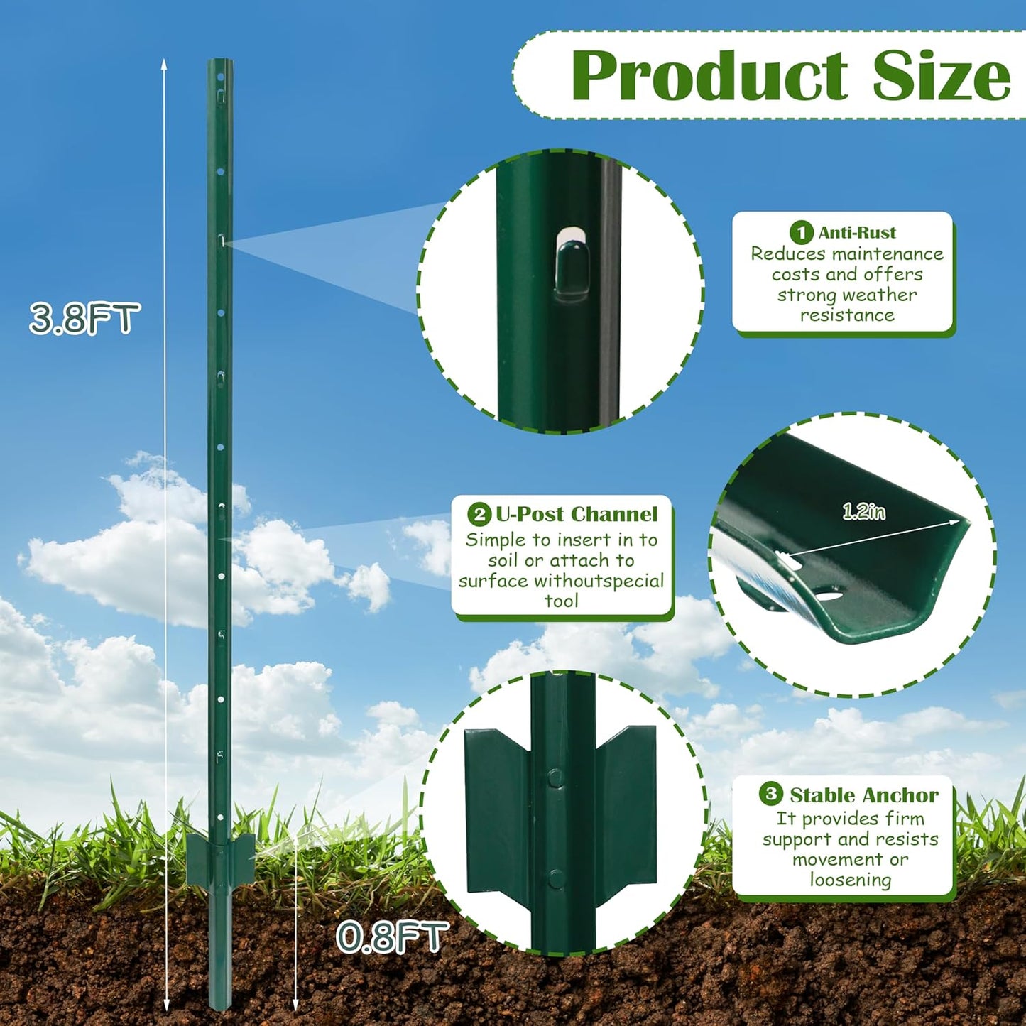 Sunnyglade 20 Pack 3.8 FT Heavy Duty Metal U-Post Garden Fence Stakes, No Dig U-Channel Fence Posts, Corner Anchor Poles for Wire, Electric, Mesh Fencing (20)-VerdiqueGarden