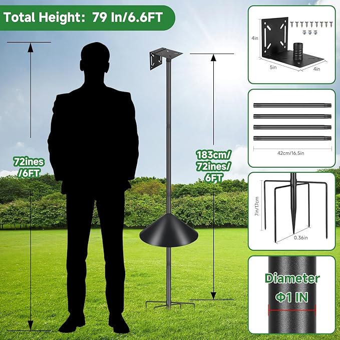 Smart Bird Feeder Pole Stand 79In,Adjustable Height Metal Bird House Pole for Outdoor Garden with Multiple Mounting Options (Black, Round Squirrel Baffle - High 79in)-VerdiqueGarden