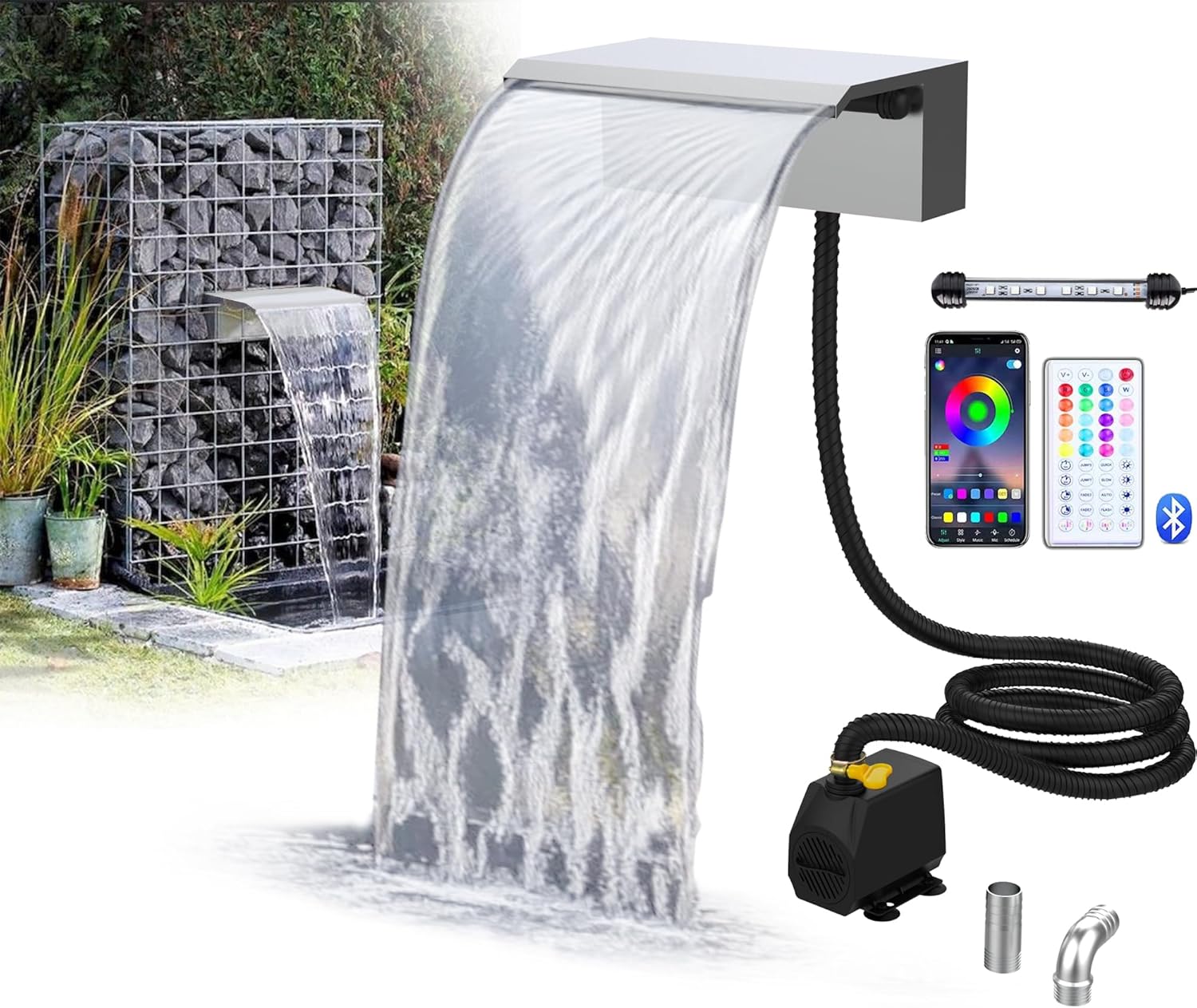 Stainless Steel Waterfall Spillway, APP Control Multi-Color LED Light Outdoor Pool Fountain, Water Spillway Koi Pond Waterfalls Fountains Kit for Garden Patio Swimming Pool Decoration-11.8"-VerdiqueGarden