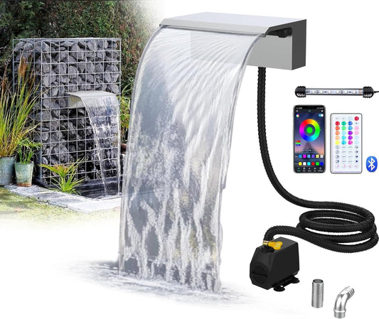 Stainless Steel Waterfall Spillway, APP Control Multi-Color LED Light Outdoor Pool Fountain, Water Spillway Koi Pond Waterfalls Fountains Kit for Garden Patio Swimming Pool Decoration-11.8"-VerdiqueGarden