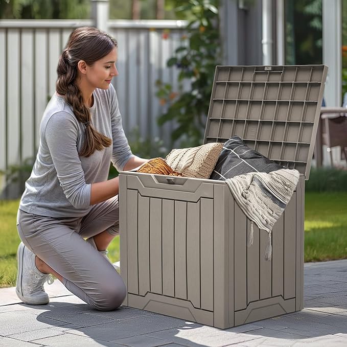YITAHOME 31 Gallon Outdoor Storage Box, Resin Deck Box and Waterproof Package Delivery Box for Gardening Tools, Pool Supplies, Patio Furniture, Lockable, Taupe-VerdiqueGarden