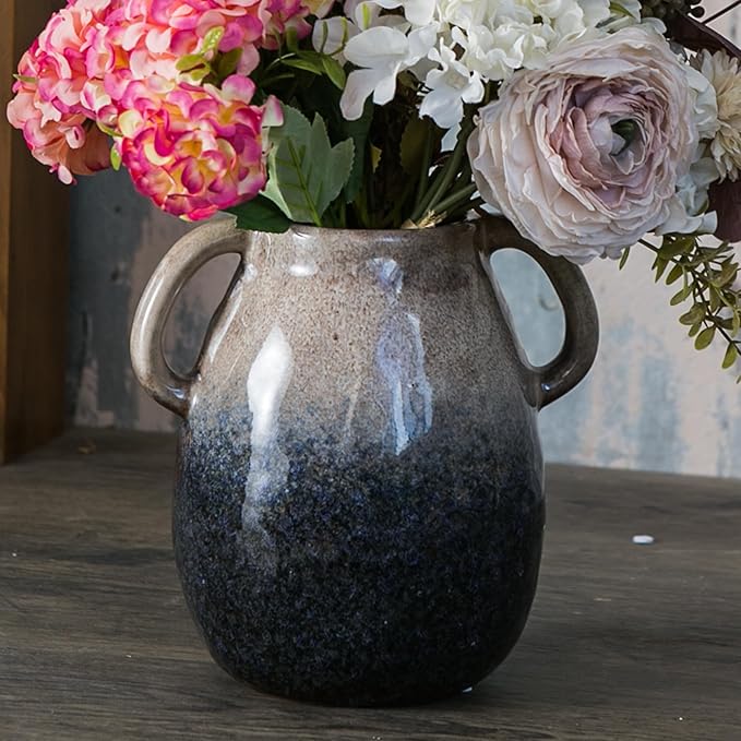 Brown Gradient Ceramic Vase with 2 Handles, Modern Farmhouse Decor, Rustic Terracotta Pottery, Decorative Flower Vases, Clay Small Vase, Centerpiece for Dining Table - 7 Inch Tall-VerdiqueGarden