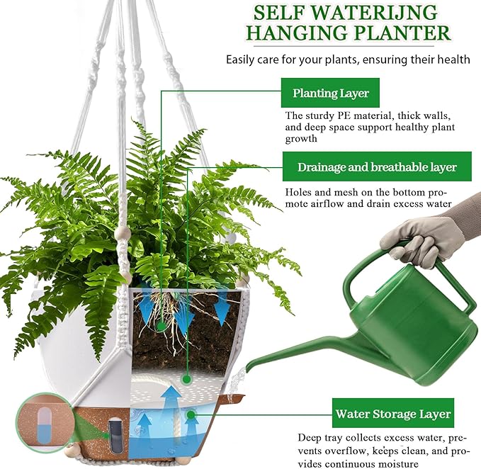10 Inch Hanging Planters for Indoor Plants, 2 Pack Self Watering Hanging Baskets Flower Pots with Drainage Hole, Visual Reservoir & 2 Kinds of Plant Hanger for Outdoor Garden Home Decor-VerdiqueGarden