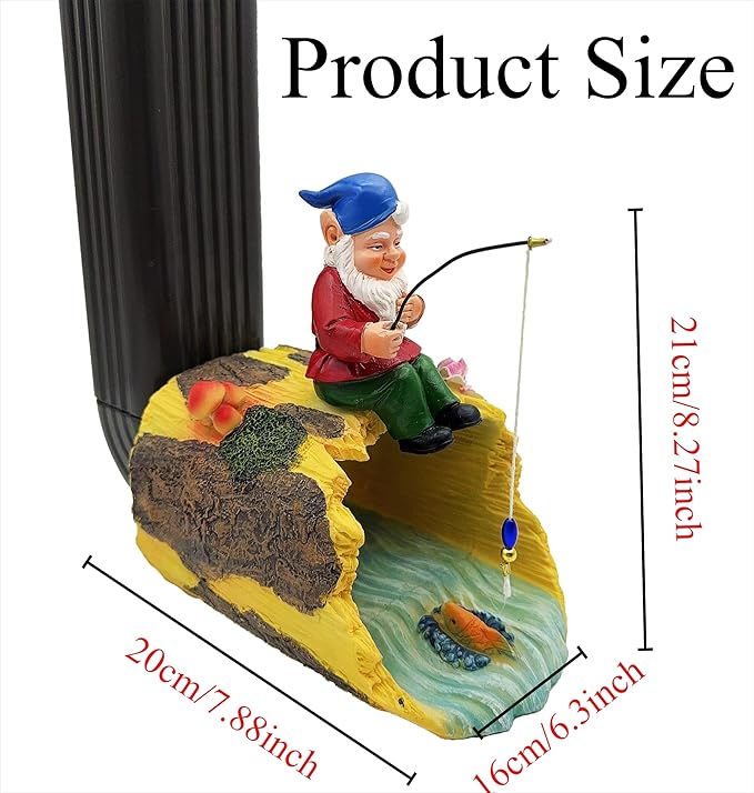 Gnome Fishing 3" x 4" Gutter Downspout Splash Block Decor, Outdoor Garden Animal Statue & Sculpture, Weather-Resistant Gutter Diverter Rain, Decorative Gutter Extension Downspout Ornament-VerdiqueGarden
