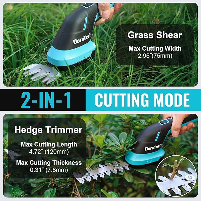 DURATECH Cordless Hedge Trimmer, 3.6V 2-in-1 Handheld Rechargeable Grass Trimmer & Hedge Shears with USB Type-C Cable, Built-in Li-ion Battery, Electric Shrub & Grass Shears for Garden, Yard and Lawn-VerdiqueGarden
