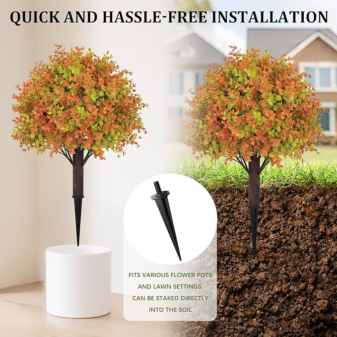 24" Fall Plants Artificial Boxwood Topiary Trees, UV Resistant Faux Bushes with Ground Spike, Fake Shrubs for Outdoor Planters, Front Porch, Patio, Yard Decor Set of 2-VerdiqueGarden