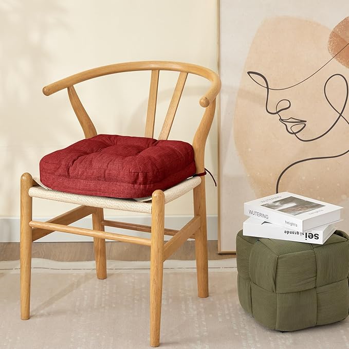 Chair Cushions for Dining Chairs, Dining Chair Cushions, Tufted Indoor Chair Pads with Ties & Non Slip Backing, Seat Cushions for Kitchen Chairs 16.5” x 16.5” x 3.5”, Set of 4, Red-VerdiqueGarden