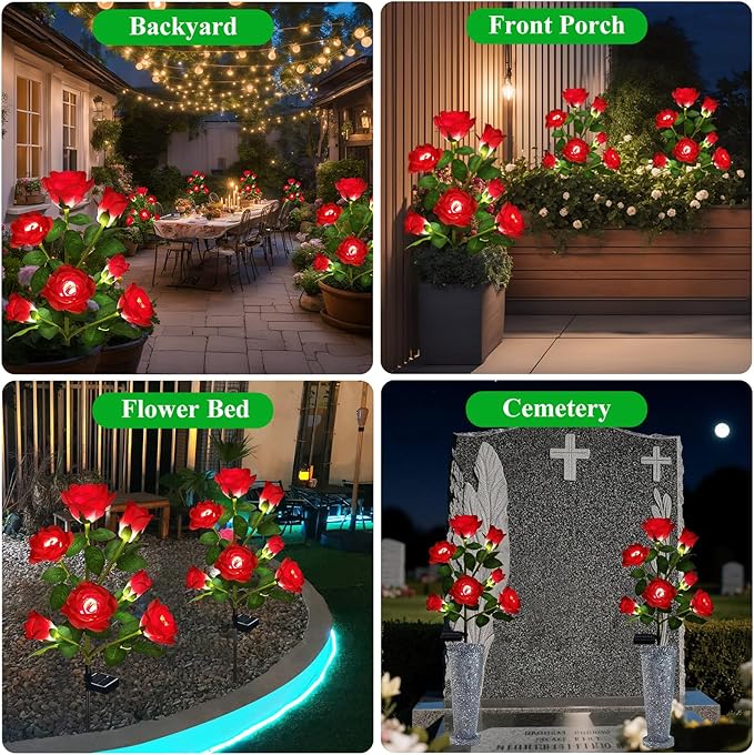 1 Pack Solar Garden Lights Outdoor, 7-Flower Rose Solar Lights for Yard, LED Solar Powered Stake Lights for Patio Pathway Lawn Fence Cemetery, Red-VerdiqueGarden