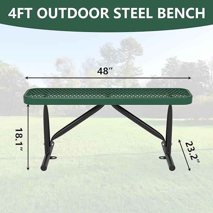 48" L Outdoor Steel Flat Bench, Heavy Duty Metal Park Bench for Outside, Expanded Metal, Commercial Benches Mesh Bench for Shopping Mall, Store, Lawn, Park, Patio, Deck, Garden (Green, 4FT)-VerdiqueGarden