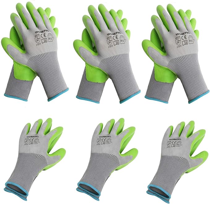 WORKPRO 6 Pairs Garden Gloves, Work Glove with Eco Latex Palm Coated, Gardening Glove, Working Gloves for Weeding, Digging, Raking, and Pruning (Large)-VerdiqueGarden